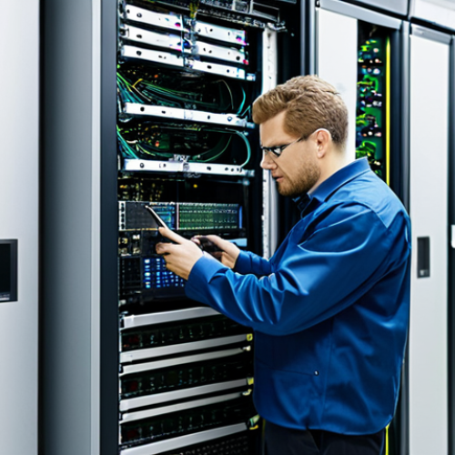 **

"A modern telecommunications engineer, fully clothed in appropriate professional attire, working on network equipment in a high-tech data center. Focus on the complex cabling and advanced technology. Safe for work, appropriate content, perfect anatomy, correct proportions, professional setting, high quality."

**